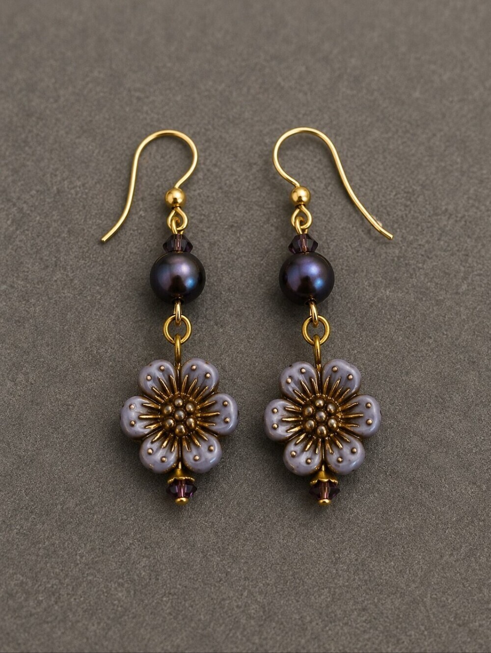 HANDMADE Purple Czech Glass Floral Dangle Hook Earrings